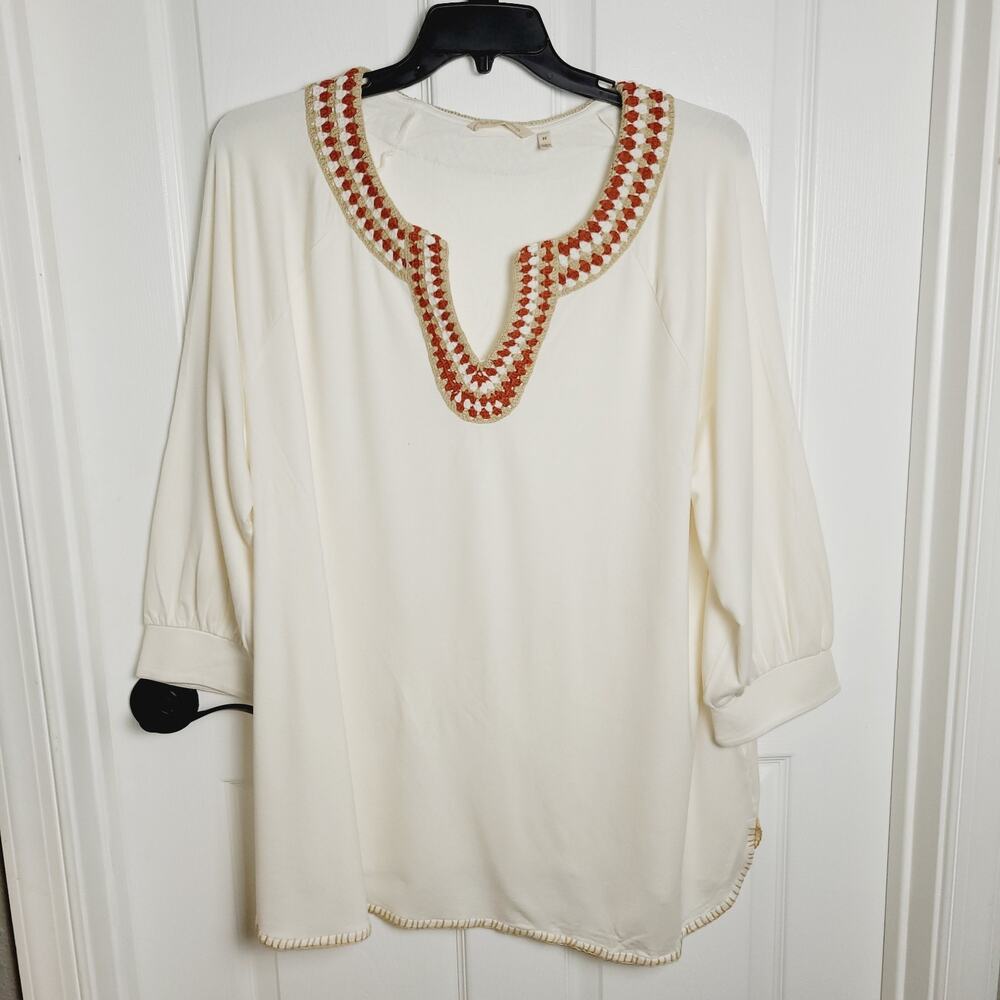 Soft Surroundings Top 3X Cream Crochet Split Neckline 3/4 Balloon Sleeve Stretch